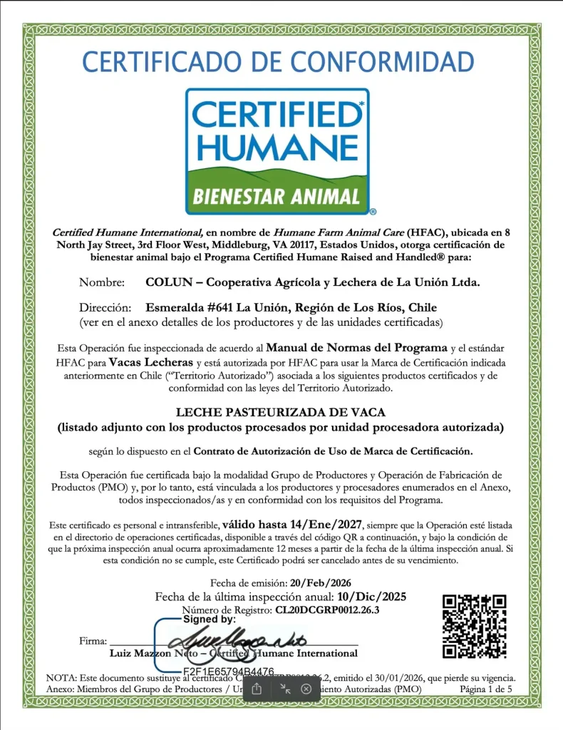 AGROCOLUN Edición 82 | Colun Renueva por Sexto Año Consecutivo su Certificación en Bienestar Animal con Certified Humane® | AGROCOLUN Edición 82
